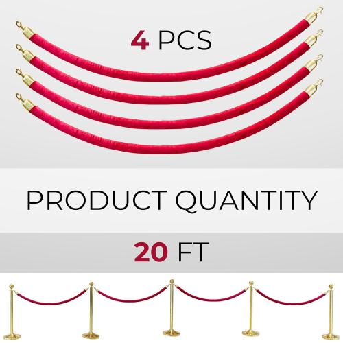 4 PCS Red Velvet Rope - 5 Ft Red Carpet Velvet Rope for Ceremonies Hanging Stanchion for Parties Crowd Queue Line for Safe Control