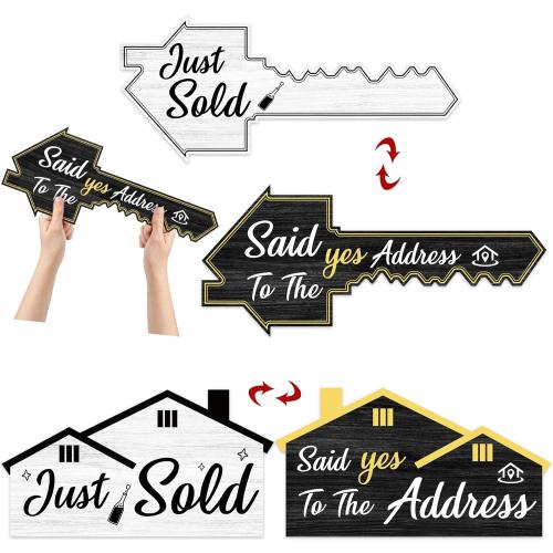 JarThenaAMCS 2 Pcs Extra Large Real Estate Sold Sign Double Sided Social Media Photo Props Wood House and Key Shaped Decor for New Homeowners Closing Gift Agent Supplies (Black, White)