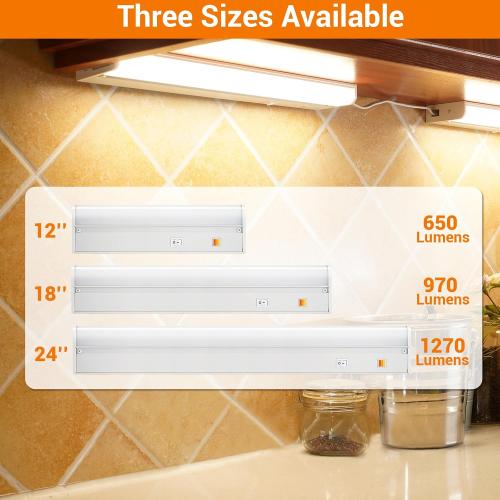 Dawnrise 24 Hardwired Under Cabinet Light,Linkable,1270 Lumens,3 Color Selectable,Brightness Adjustable,Under Counter Lights for Kitchen,Wide Luminous Surface,White Finish,Metal Base(1 Pack)