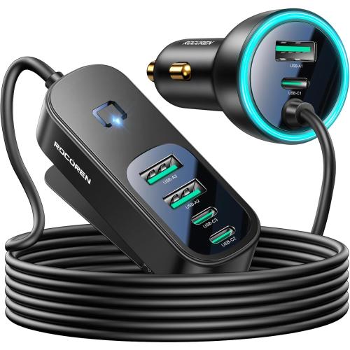 Rocoren 105W 6-Port Multiport Car Charger, PD Fast USB C Car Charger for Multiple Devices,Cigarette Lighter Adapter Car Travel Essentials for Road Trips with 5FT Cable,Car Accessories for iPhone 17/16