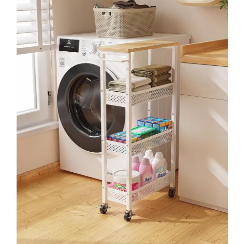 Giwil Slim Rolling Storage Cart 4 Tier Bathroom Organizer Mobile Shelving Unit Utility Cart with Wood Top and Handle for Kitchen Laundry Narrow Places, White