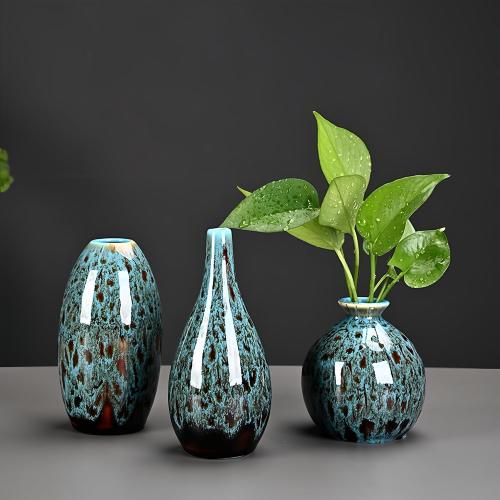 Ceramic Bud Vase Set, Fambe Blue Glazed Finish, Decorative Flower Vases (Blue-Set of 3)
