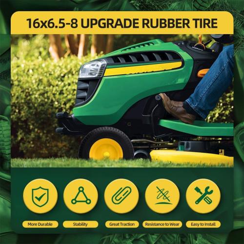 16x6.50-8 tire and wheel Flat Free Assemblies (2 Pack), Lawn Mower Tires with Rim, Solid Rubber Riding Lawn Mower Tires and Wheels,3 Offset Hub,3/4 Bushings,16x6.5-8 Tractor Turf Tire