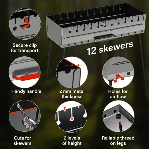 Stainless Steel Charcoal Grill for 12 Skewers – Portable BBQ 24.80×9.45×25.2 – Foldable Kabob Mangal – Heavy-Duty Rustproof Grill for Outdoor (Skewers Not Included)