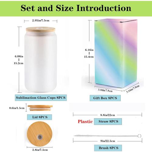 Frosted Sublimation Glass With Bamboo Lid, Cups With Straws 16OZ Tumbler, Beer Can Glass Blanks 8Pack