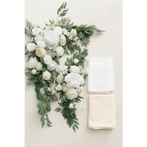 Ling's moment Artificial Wedding Arch Flowers Kit Pack of 4, 2pcs Hanging Silk Flowers Arrangement 2pcs Chiffon Drapes Ceremony Spring Fake Rose Arbor Backdrop White Sage Floral Party Outdoor Decor