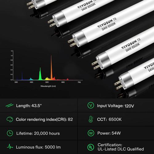 VIVOSUN T5 Grow Light Bulbs 4 Ft 46 Inches, 54W 6500K HO Fluorescent Tubes Light Bulbs, Cool White T5 Bulb for 46 Inches T5 Light Fixtures, T5 Grow Lights for Indoor Plants, 4 Ft 54W Pack of 5