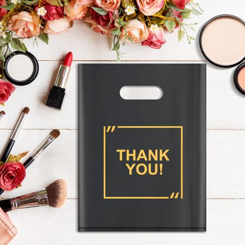 50 Pack Die Cut Plastic Shopping Bags with Thank You Logo 9x12 Merchandise Bags Extra Thick Glossy and Shopping Bags for Retail,Boutique Bags with Handles for Merchandise, Gifts, Trade Shows