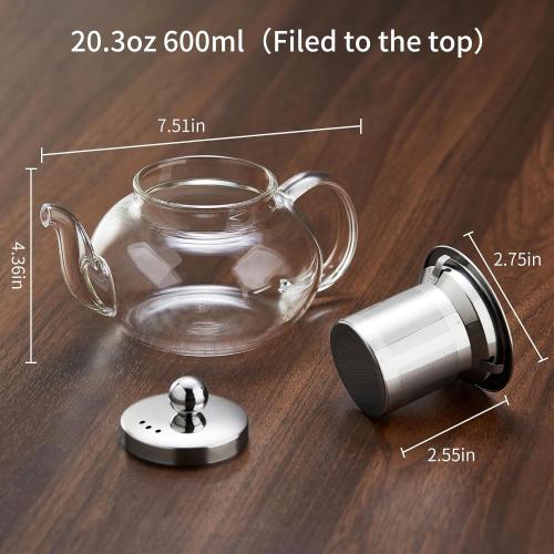 Glass Teapot with Removable Infuser, 20 oz/600ml Glass Tea Pot Small Borosilicate Tea Steeper Kettle with Loose Leaf Tea Strainer For Flower Blooming Tea, ClearTea Maker Pitcher