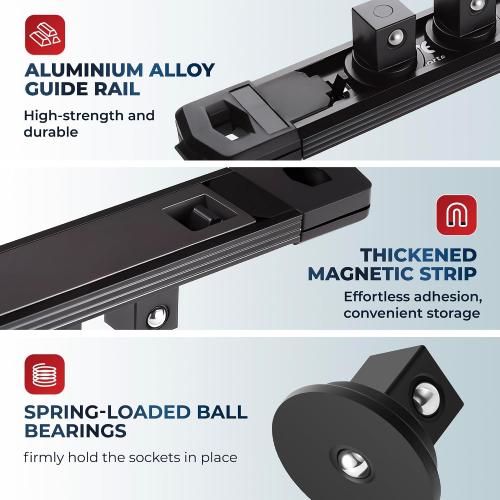 Reniteco Magnetic Socket Organizer, 3/8 Drive Aluminum Alloy Socket Rail, Heavy Duty Magnetic Socket Holder with 14PC 360° Swivel Removable Clips, Magnetic Socket Rack for Tool Box Drawer, Black