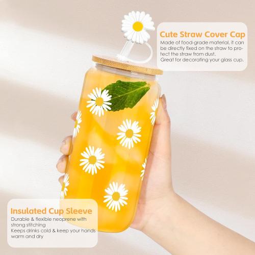 Dosuarue Daisy Aesthetic Cups, Iced Coffee Cup, 16 oz Cute Glass Cups with Lids and Straws - Flower Mug Cup, Drinking Glass Tumbler - Christmas, Birthday Gifts for Women Friend Sister Her