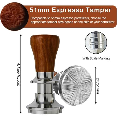 Coffee Espresso Tamper with WDT Tool, Coffee Press with Silicone Mat, 100% Flat Stainless Steel Base Tamper for Espresso Coffee Machine (Brown2, 51mm)