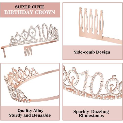 10th Birthday Decorations for Girls, Including Sash, Crown/Tiara, Candles, Cake Topper. 10th Birthday Gifts for Girls, Rose Gold Party Decor Supplies