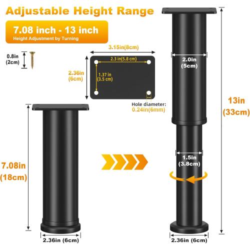 4 Pcs Adjustable Bed Support Legs for Bed Frame/Bed Center Slat, Metal Adjustable Furniture Legs 7.08-13 inch for Bed/Sofa/Cabinet/Couch/Dresser/Table, Thickened Heavy Bed Replacement Legs