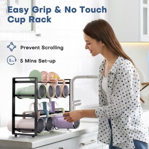 2-Tier Water Bottle Organizer for Cabinet - for Stanley 40 oz Tumbler, Anti-Rolling Cup Organizer for Kitchen Cabinets with Lid Storage, Water Bottle Holder for Cabinet Travel Mug Cup