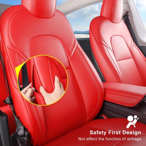 Tesla Model Y Car Seat Covers Nappa Leather Car Interior Seat Airbag Compatible Cushion Cover Full Set Custom Fit 2024 2023 2022 2021 2020, Nappa Bright Red