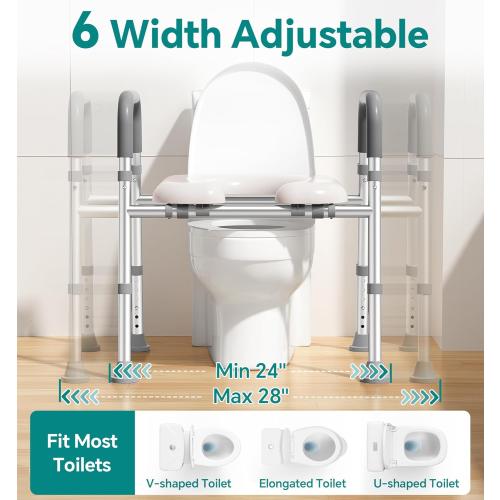 Grey, 13-18H x 24-28W Toilet Seat Risers for Seniors, Raised Toilet Seat with Handles, Adjustable Height & Width, Cozy Padded 400lb Elevated Toilet Seat, Fit Any Toilet