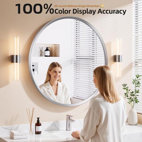 Brushed Nickel Round Bathroom Mirror for Wall, 28 inch Sliver Circle Mirror for Wall, New Frame Design, Tempered Glass,Wall Mounted Circle Mirror for Vanity, Entryway, Bedroom, Restroom