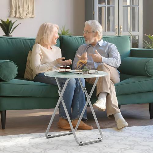 TV Tray Round Table, Small Foldable Table, Portable Dinner Table for Eating, Snack Side Trays Table Set of 2, No Assembly Required (Ocean Blue Marble, 2Pcs)