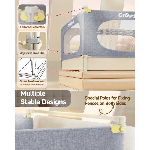 3-Piece Queen Size Bed Rail for Toddlers, Baby Bed Rail Guard with Height Adjustable Toddlers Bed Rail, Kids Safety Bed Rail for Queen Size Bed (78.7x78.7x58.6 - Grey)