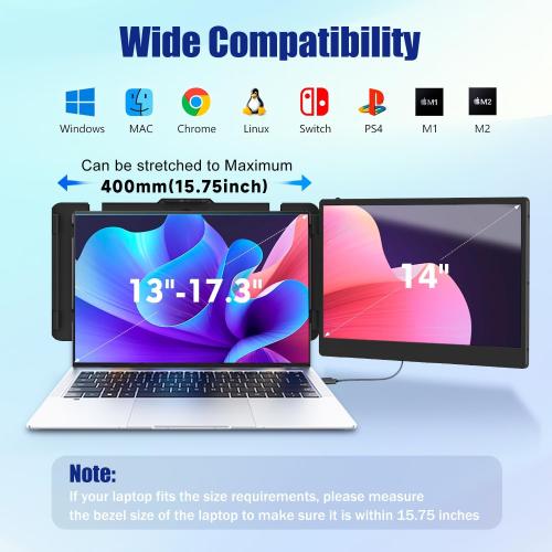 Black 14 Laptop Screen Extender, 14 FHD 1080P IPS Laptop Monitor Extender Dual Screen, Portable Monitor for Laptops 13-17 with USB-C/HDMI Port, Plug n Play for Windows/Mac/Android/Switch/PS5