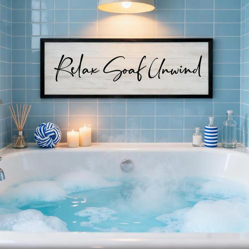Relax Soak Unwind Wooden Sign Framed Wall Art, 32''×12'' Rustic Horizontal Motivational Bathroom Quote Wood Plaque, Farmhouse Long Inspirational Shower Room Saying Wood Sign Wall Decor for Bathhouse Wash Room
