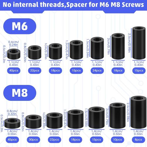 300Pcs Black Nylon Round Spacer M6 M8 Non-Threaded Assortment Kit