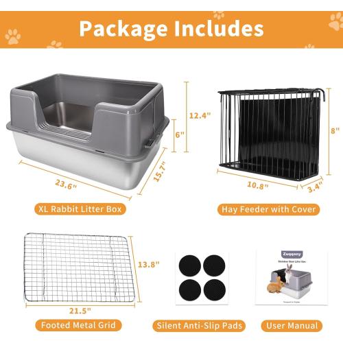 XXL Rabbit Litter Box, 23.6 L x 15.7 W x 12.4 H Stainless Steel Rabbit Litter Box with Lid, Hay Feeder with Hooks, Footed Metal Grid, Easy to Clean for Medium and Large Rabbits