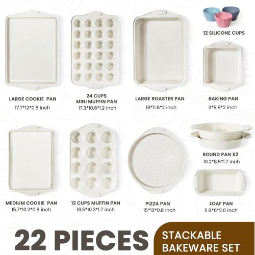 Kikcoin 22 PCS Nonstick Baking Pans Set, Stackable Bakeware Sets with Silicone Handles, 450°F Oven Safe Baking Sheet Set, Easy Release Cookie Sheets for Baking, Cream
