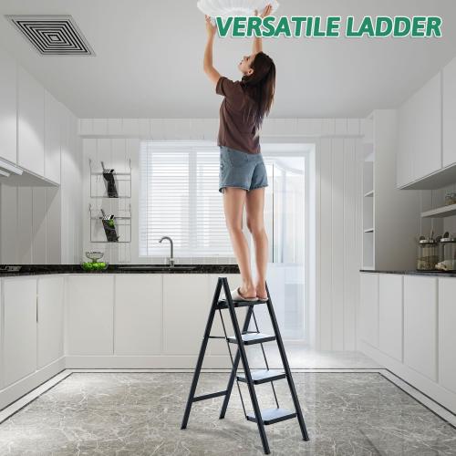 4 Step Ladder Folding Step Stool, Heavy Duty 330 Lbs Load Step Ladders for Home, Tall Kitchen/Closet Stepladder for Adults, Black Small & Lightweight Ladder with Anti-Slip Wide Pedals by OOSOFITT