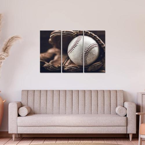 iLOOKLiKE 3 Panels Retro Baseball Canvas Wall Art Vintage Baseball in Glove Poster Sports Pictures Wall Decor for Boy's Room Living Room Decoration Stretched and Framed Each Size Medium