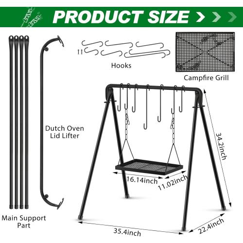 Campfire Swing Grill Stand Adjustable Grill Cooking Stand Hanging Rack with 8 Hooks and Accessories Campfire Cooking Equipment for BBQ Picnic Outdoor Party(Normal Tray)