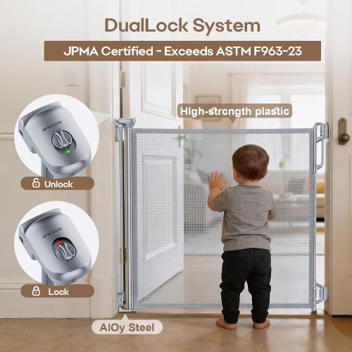 SPACEANY Retractable Baby Gate for Stairs & Doorways - 55 Wide Portable Safety Gate | Fits Baseboards, Easy to Use Indoor/Outdoor | Mesh Gate for Dogs, Puppies, Gray
