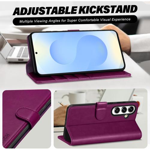 TUCCH Case Wallet for Galaxy S25 FE 5G, Kickstand [RFID Blocking] 4 Card Holder, Folio Magnetic PU Leather [TPU Shockproof Interior Shell] Protective Cover (6.7) 2025, Plum Purple