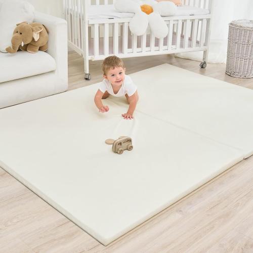 Large Vegan Leather Baby Play Mat for Floor,1.3Thick Foam 59x82 Foldable Waterproof Kids Play Mat,Stylish and Just Wipe-Clean Playmat for Baby Play on Floor (Beige)