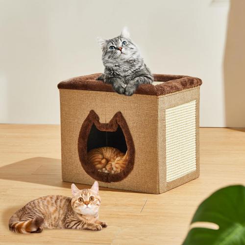 2-Tier Cat House for Indoor Cats Bed, Covered Cat Beds with Hideaway Cave and Scratch Pad, Foldable Modern Cat House for Multi Small Pet Large Kitten Kitty