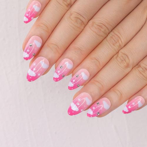 morily 24pcs Press on Nails Medium Length Almond Fake Nails Kit Long Ombre Pink Acrylic False Nails with White Cloud Design Crystal Artificial Glossy Stick on Nails Finger Manicure for Women