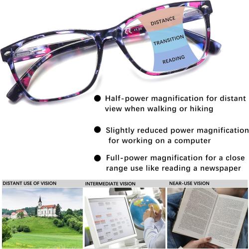 Progressive Multifocus Reading Glasses for Women, Pattern Print Blue Light Block Stylish Ladies Computer Readers