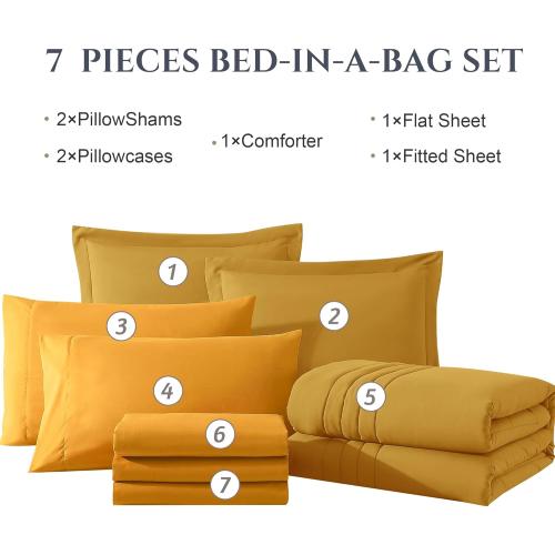 Monbix Full Comforter Set - 7 Pieces Bright Yellow Bed in a Bag Full Size Bedding Sets with Comforters, All Seasons Down Alternative Comforter with Sheets,Pillowcases & Shams