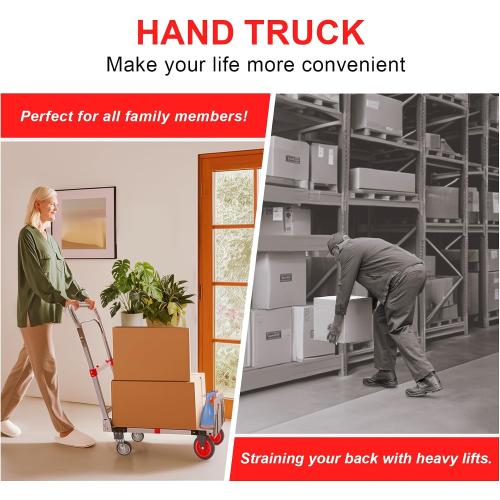 Upgraded 3 in 1 Aluminum Folding Hand Truck, 600lbs Capacity, Heavy Duty Convertible Dolly with Retractable Handle and 4 Rubber Wheels, Collapsible Cart for Moving Home, Office, Warehouse (Red)