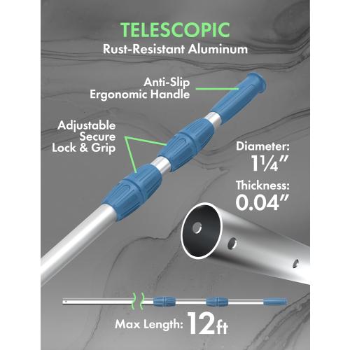 KOKIDO Rechargeable Heavy Duty Pool Leaf Vacuum, 62GPM Powerful Suction,Bundle with Professional 12ft Heavy Duty Swimming Pool Pole