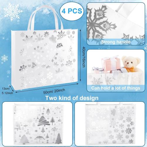 PerKoop 4 Pcs Extra Large Christmas Snowflake Gift Bag 20 x 16 Inch Jumbo Metallic Silver Bag Large Tote with Handles Christmas Tree Reusable Non Woven Gift for Xmas Party Favor Supplies