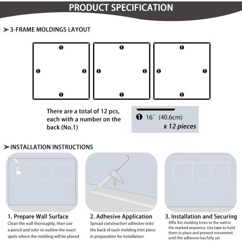 Lunghaa 3-Frame 16 x 16 Premade Accent Wall Molding Kit, Ready-to-Assemble Wainscoting Panels, Pre-Cut Chair Rail Moulding Trim Picture Frame for Home Décor