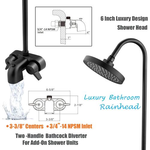 Clawfoot Tub Shower Kit,Add On Shower With Bathcock Diverter Faucet and 60 D Type Claw foot Tub Shower Curtain Rod Kit,D-Style Shower Rod and Clawfoot Tub Shower Faucet Set,Matte Black