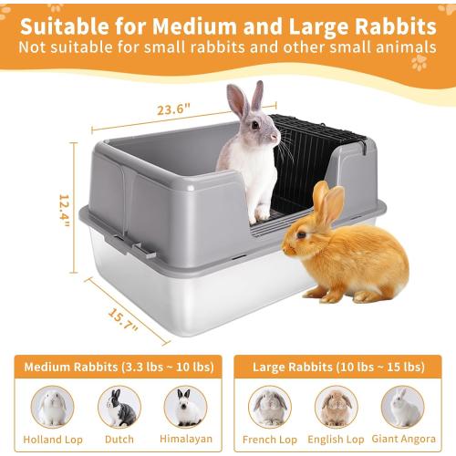 XXL Rabbit Litter Box, 23.6 L x 15.7 W x 12.4 H Stainless Steel Rabbit Litter Box with Lid, Hay Feeder with Hooks, Footed Metal Grid, Easy to Clean for Medium and Large Rabbits