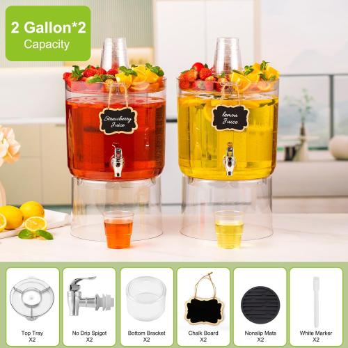 2 Gallon Beverage Dispenser for Parties 2 PACK, BPA-Free Drink Dispenser with No Drip Spigot, Juice Dispensers with Stand, Transparent Plastic Water Dispenser, Drink Fountains with Multi-Function Lid