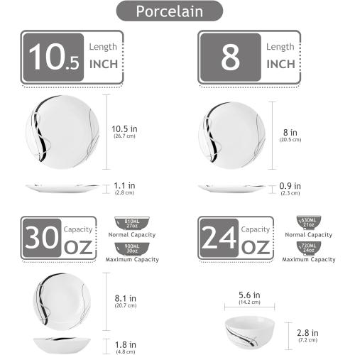VEWEET Porcelain Dinnerware Sets for 6, 24 Pieces Plates and Bowls Set with Black and Grey Ribbon Lines, Dishes Set Dining Ware for Dinner, Microwave and Dishwasher Safe, Series FIONA