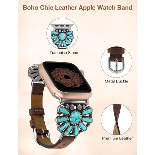 W-RARA Leather Band Compatible with Apple Watch Band Women 38/40/41/42/44/45/46/49mm, Boho Western Vintage Turquoise Ethnic Antique Style Strap for iWatch Series Ultra 2 SE 11 10 9 8 7 6 5 4 3 2 1