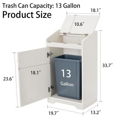 13 Gallons Trash Can Cabinet, Wooden Trash Bin Cabinet Hidden Freestanding Dog Proof Garbage Can Cabinet with Lid for Kitchen (Antique White)