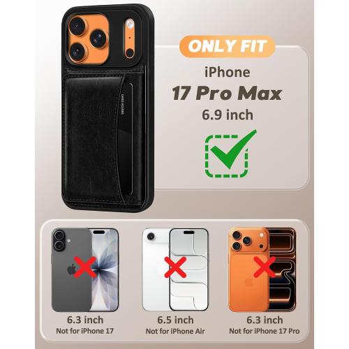 for iPhone 17 Pro Max Case with Wallet - Fits 4 Card Slots, Compatible with MagSafe for Women Men Durable PU Leather Credit Card Holder Kickstand Phone Cover for Apple 17 Promax, Black